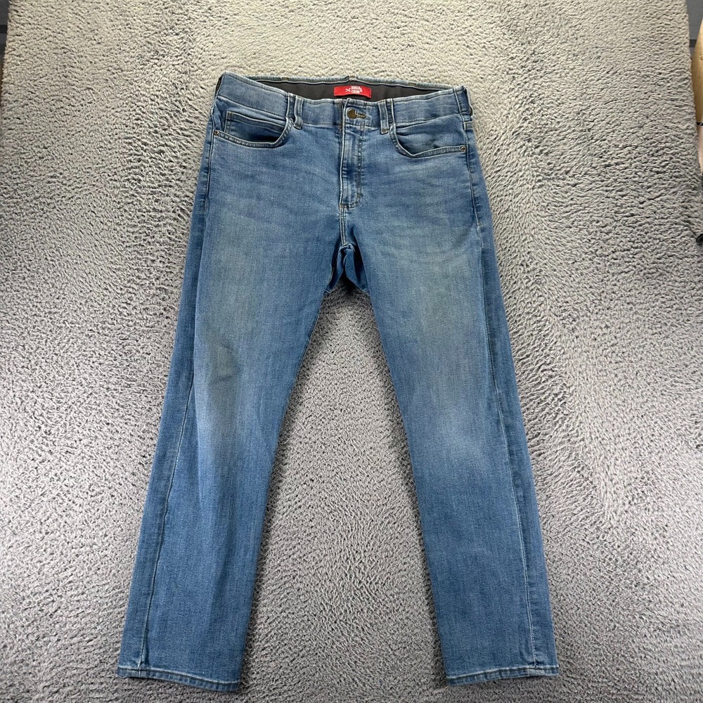 Indigo Jeans Mens 36x30 Blue Cotton Denim Straight Faded Workwear Travel Stretch